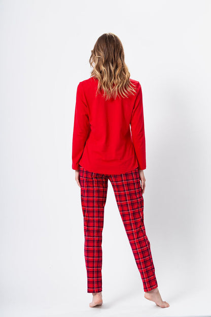 Close-up of the M-Max Luxury Women's Cotton Pyjamas Set, highlighting the fine cotton fabric and sophisticated design of the long sleeve top and patterned pants.