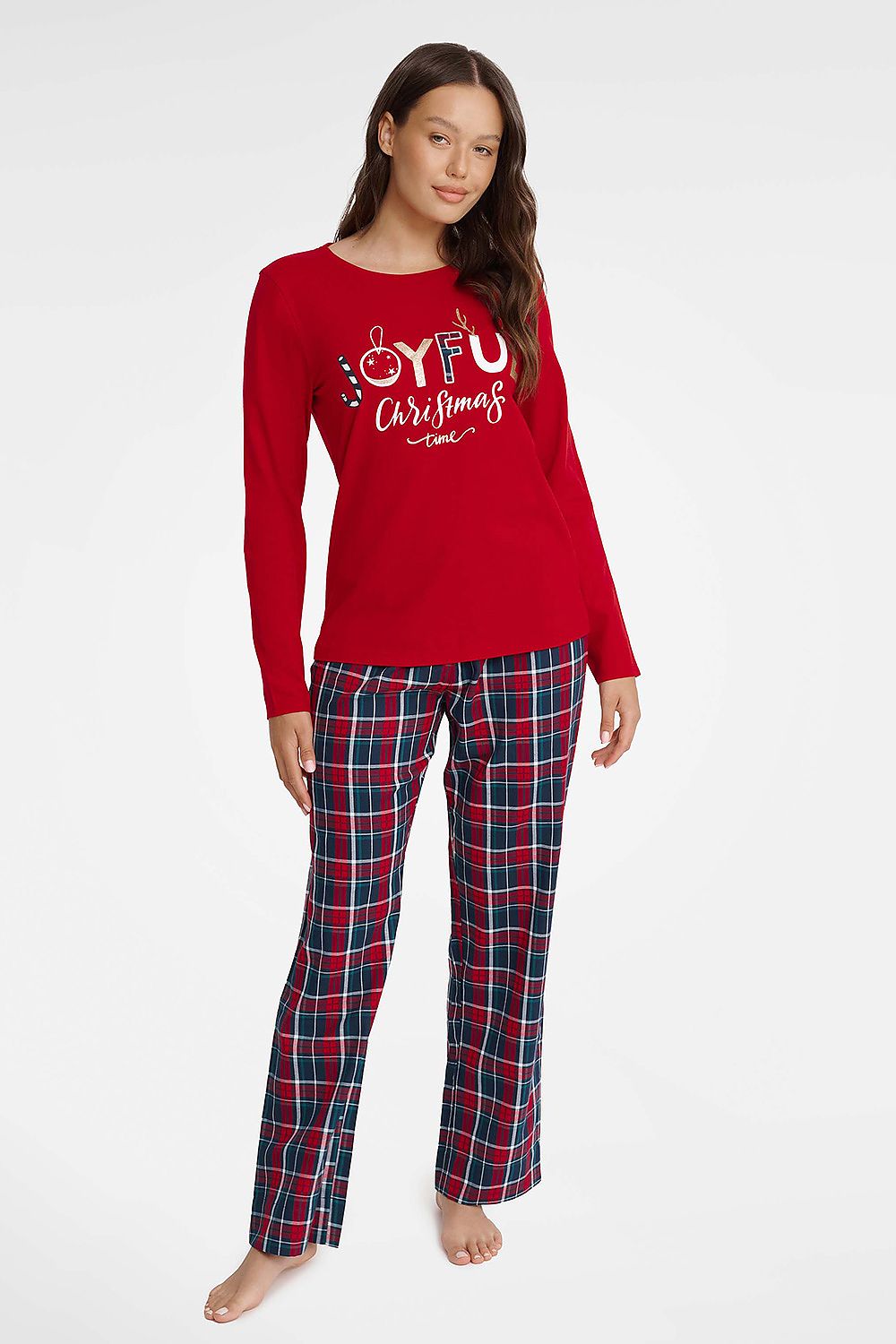 Luxurious Henderson Women's Joyful Christmas Glance Pajamas Set featuring a soft red long-sleeve top with Joyful Christmas inscription and stylish plaid pants, perfect for festive winter evenings.