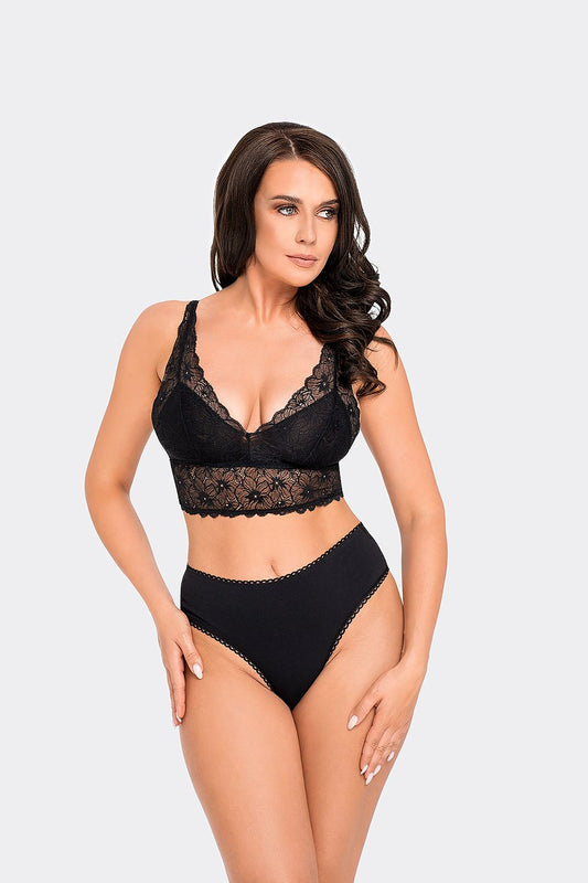 Luxury High Rise Black Lace Brazilian Panties by Babell, featuring soft cotton knit fabric with a cheeky design, perfect for elegance and comfort.