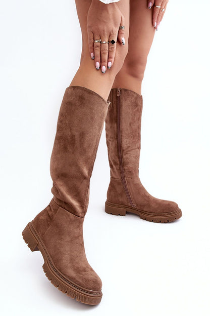 Luxurious women's eco-suede thigh-high boots with flat heel and insulated lining by Step in Style, ideal for autumn-winter outfits.