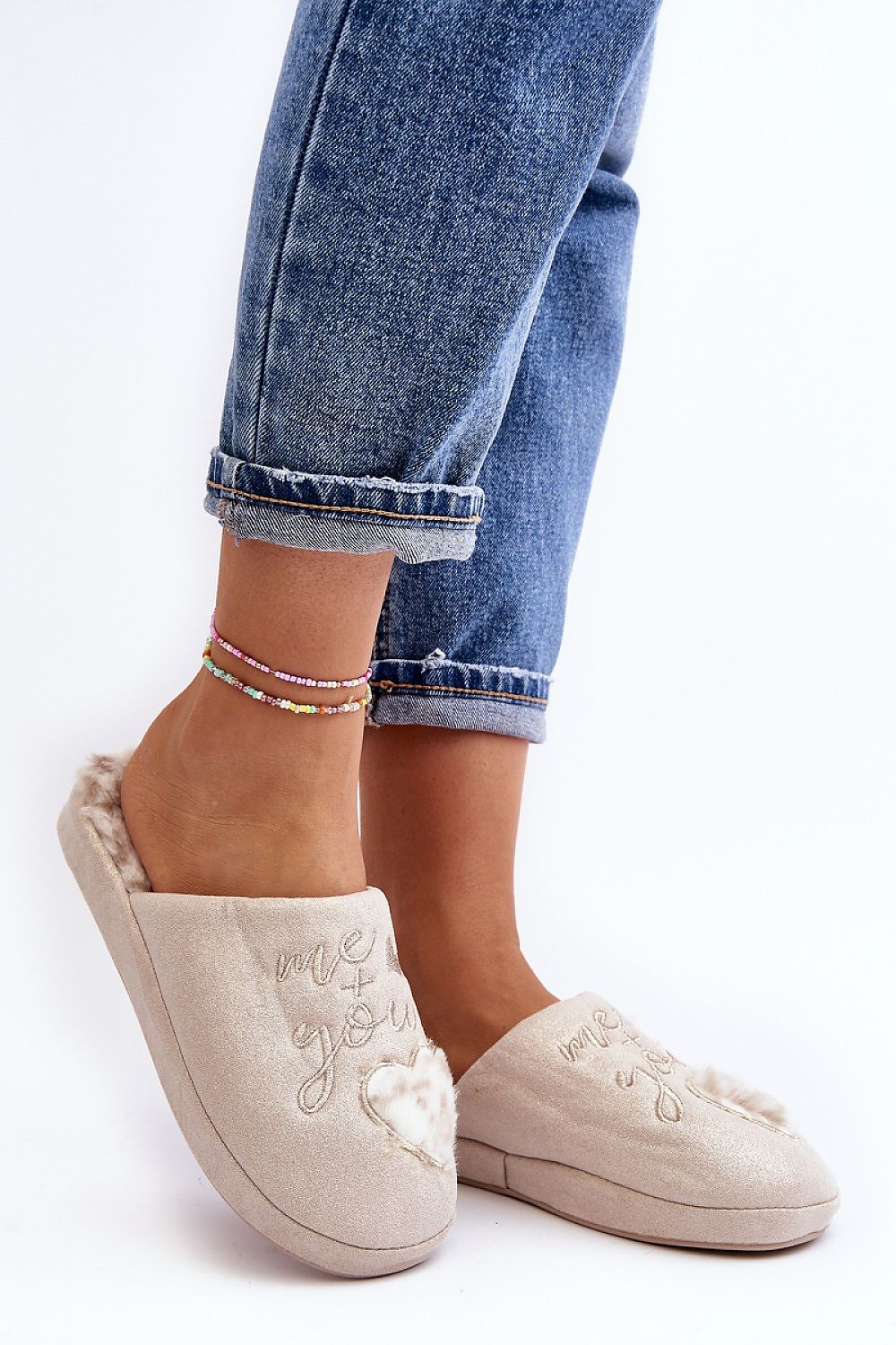 Luxurious shiny women's slip-on slippers by Step in Style, featuring a heart inscription and fur insulated insole for ultimate comfort.