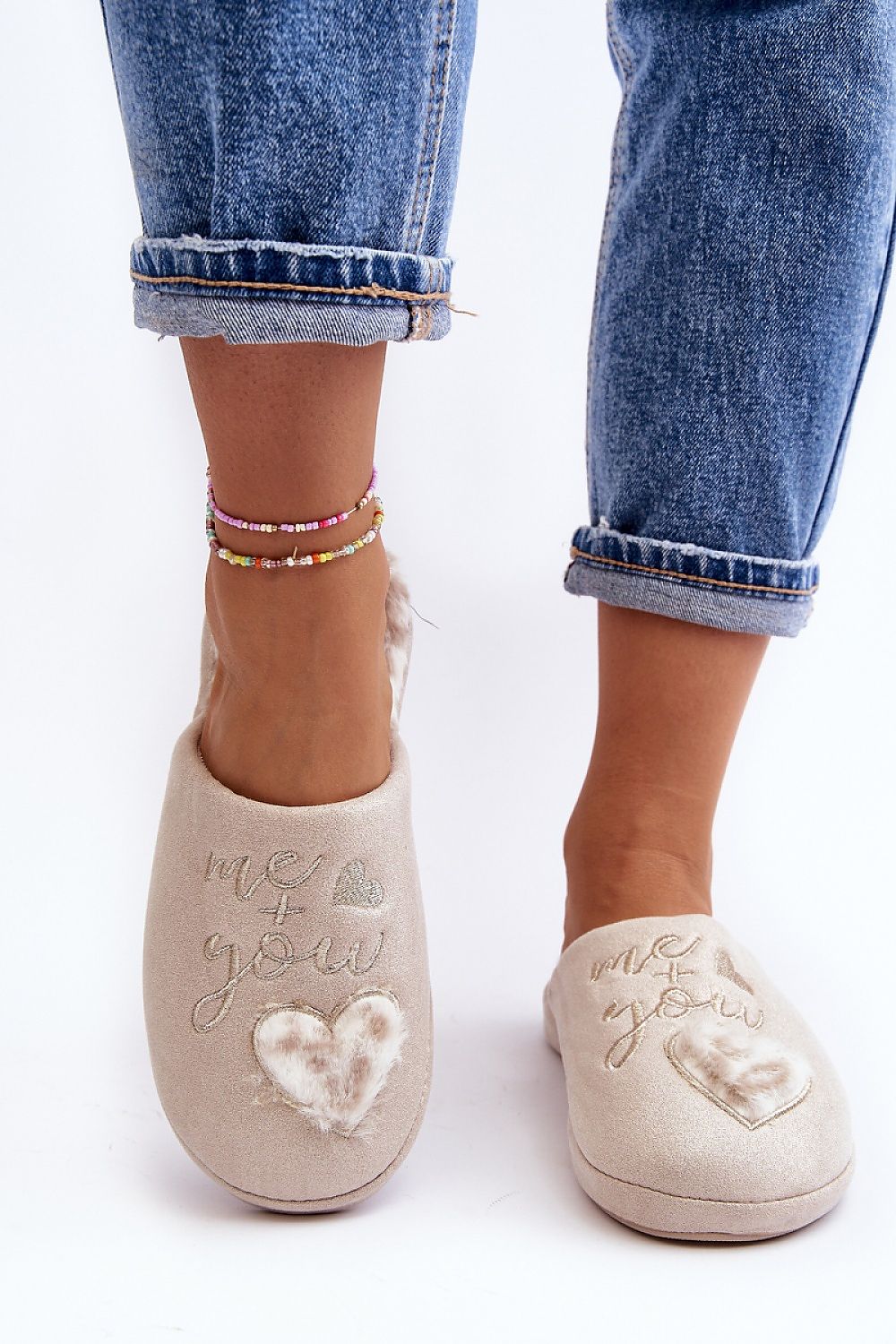 Chic shiny women's slippers by Step in Style, designed with a fashionable heart inscription and complemented by a soft fur insole.