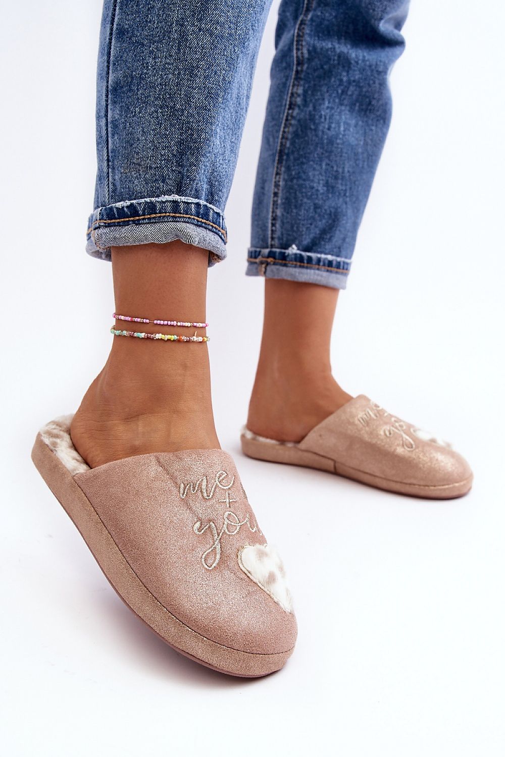 Luxurious women's shiny slip-on slippers by Step in Style featuring an elegant heart inscription and plush fur insulated insole.