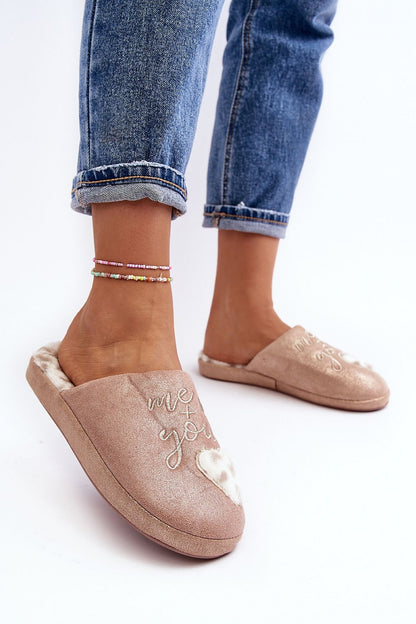 Luxurious women's shiny slip-on slippers by Step in Style featuring an elegant heart inscription and plush fur insulated insole.