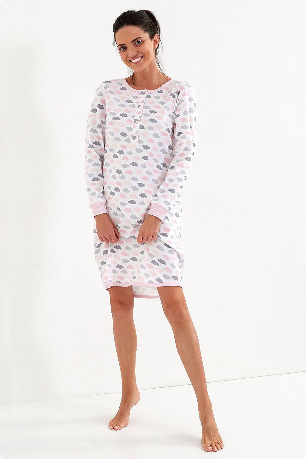Cana Luxury 100% Cotton Nightshirt with Long Sleeves featuring an elegant cloud pattern in soft pink and grey, designed for ultimate comfort and style.