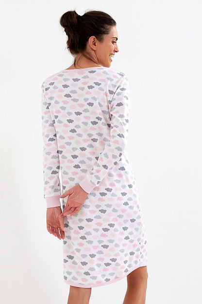 Close-up of Cana Luxury Nightshirt showcasing the delicate pearl buttons and pink striped detailing on the cuffs and neckline, crafted from premium 100% cotton.
