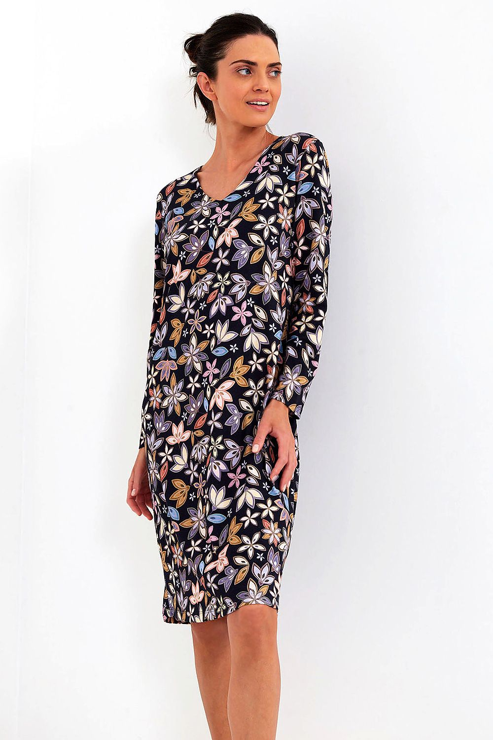 Luxury Cotton Nightshirt by Cana, featuring a navy blue floral design, long sleeves, and a slim-fit cut, perfect for a stylish night's rest.