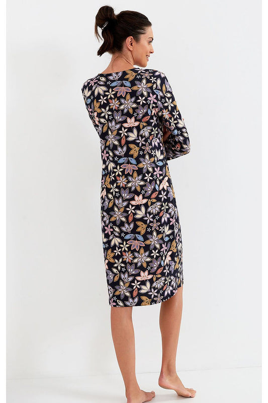 Luxurious navy blue floral cotton nightshirt by Cana, featuring a classic slim-fit design and long sleeves, perfect for elegant nighttime comfort.