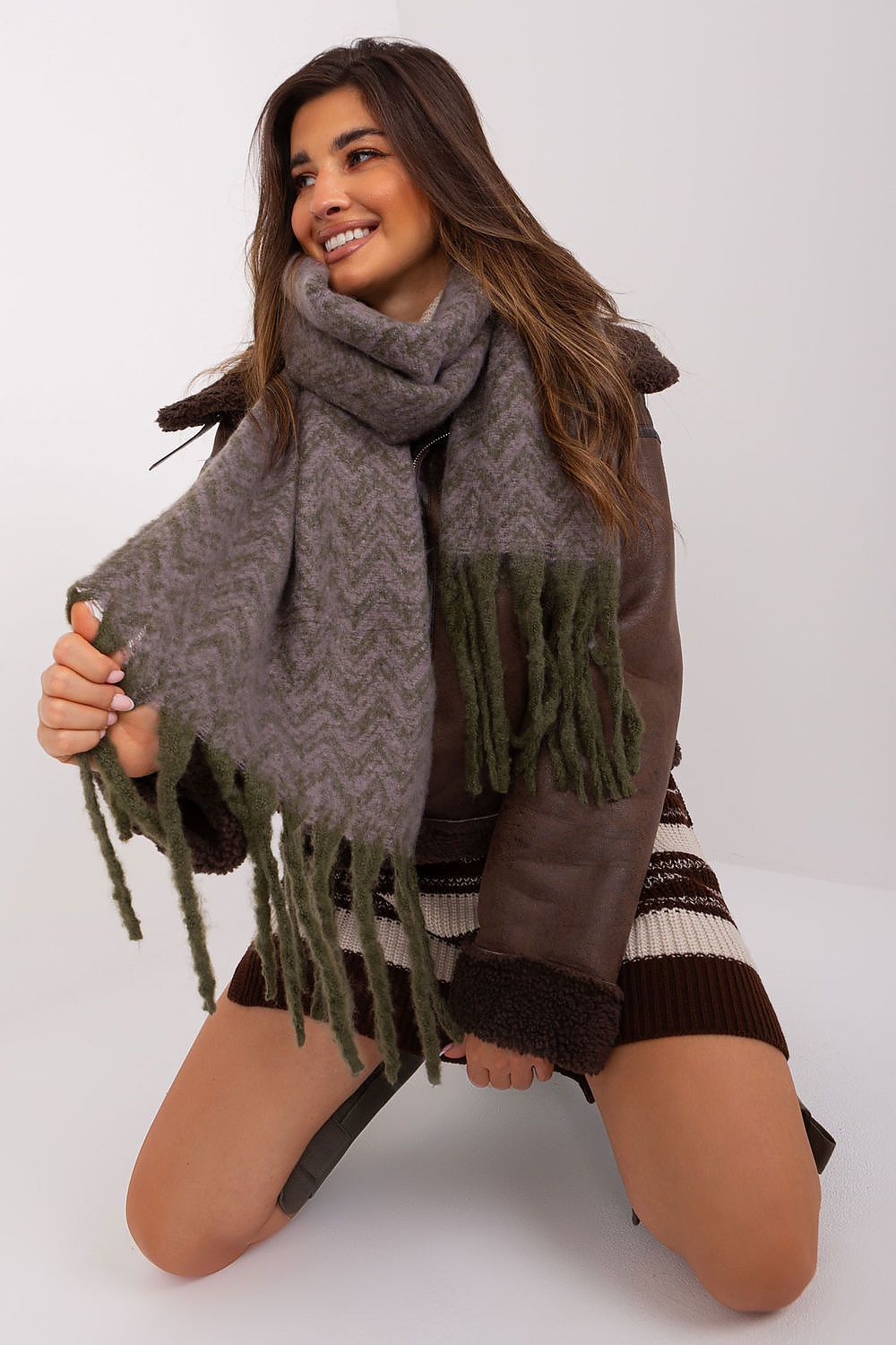 Sophisticated lightweight polyester long scarf by AT, adorned with an exquisite geometric pattern, perfect for layering.