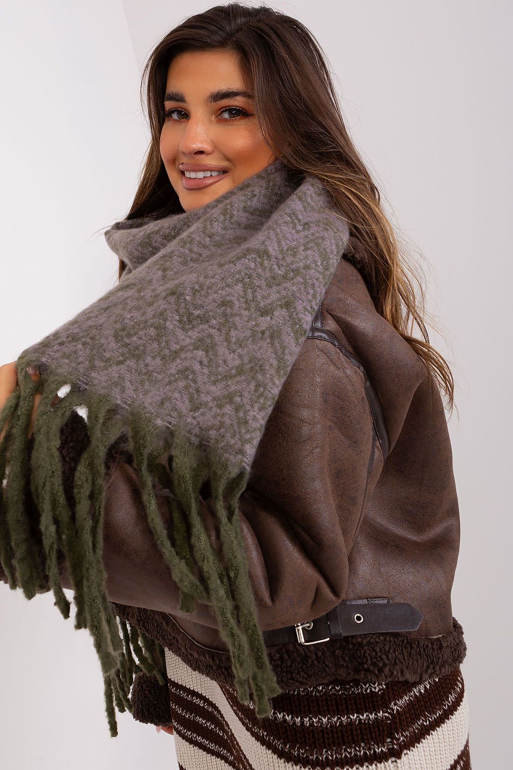 Elegant geometric pattern long scarf by AT in durable polyester, featuring stylish tassels, perfect for fall and winter.