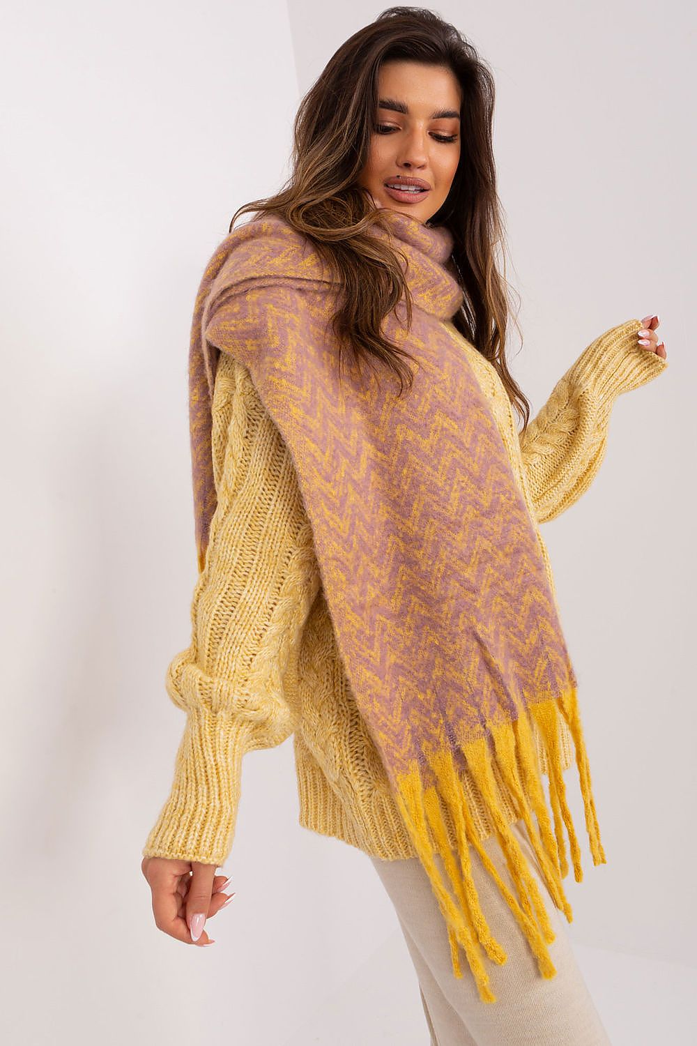 Beautifully styled long scarf by AT in durable polyester, featuring an eye-catching geometric design and lovely tassels, excellent for fashion-forward individuals.
