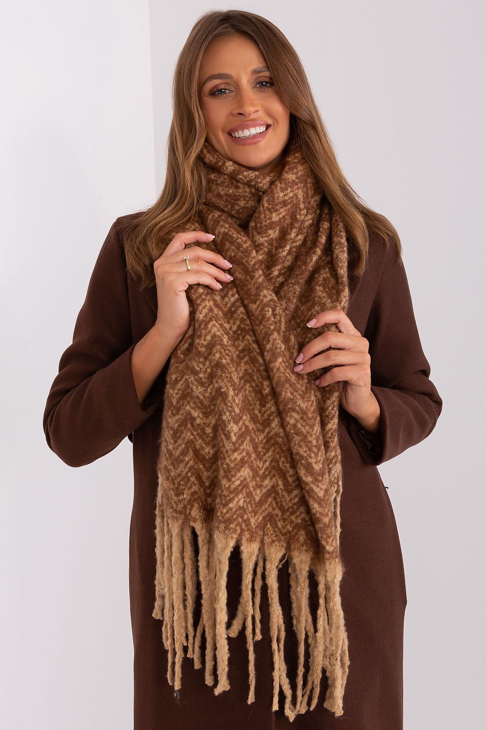 AT durable polyester long scarf 190 cm with subtle tassels, versatile and stylish for any occasion.