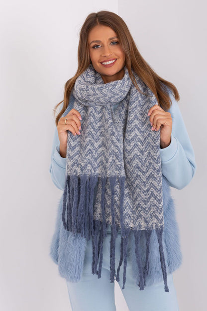 Stylish geometric design scarf in durable polyester by AT, perfect for fall and winter, adorned with elegant tassels.