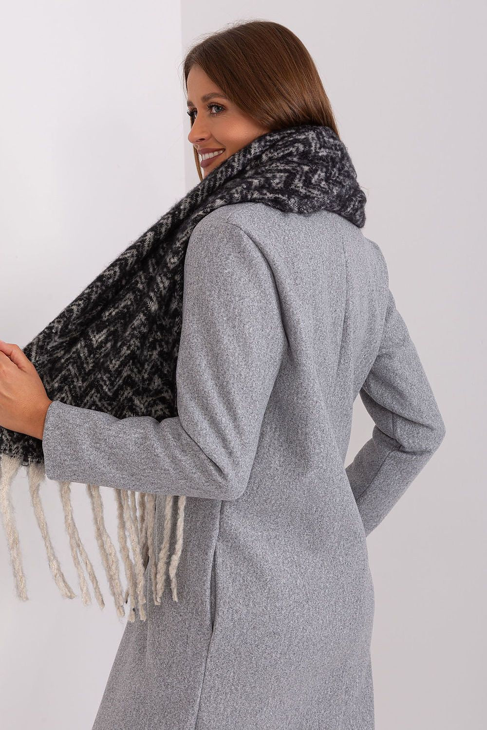 Elegant long scarf with a geometric pattern, crafted from durable polyester with tassels, designed by AT. Perfect addition for stylish fall and winter outfits.