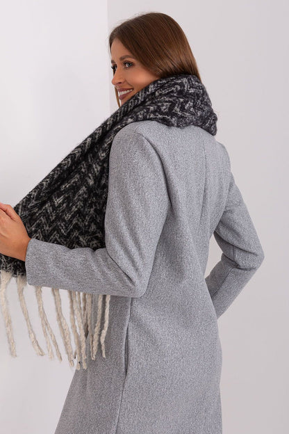 Elegant long scarf with a geometric pattern, crafted from durable polyester with tassels, designed by AT. Perfect addition for stylish fall and winter outfits.