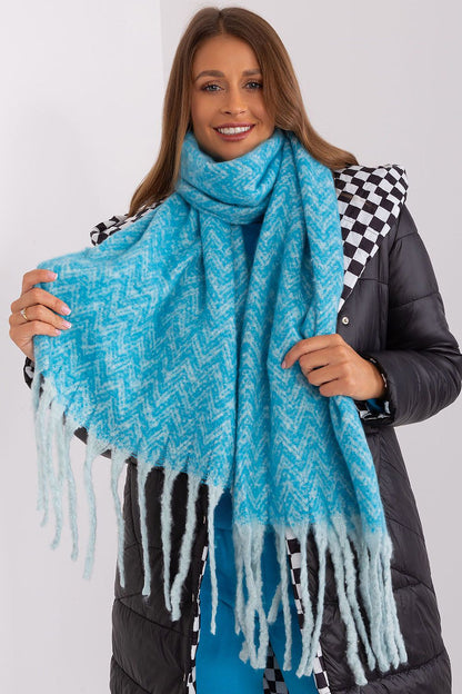 Stylish long scarf with geometric print and tassels, made by AT from durable polyester, perfect for versatile wear during colder seasons.