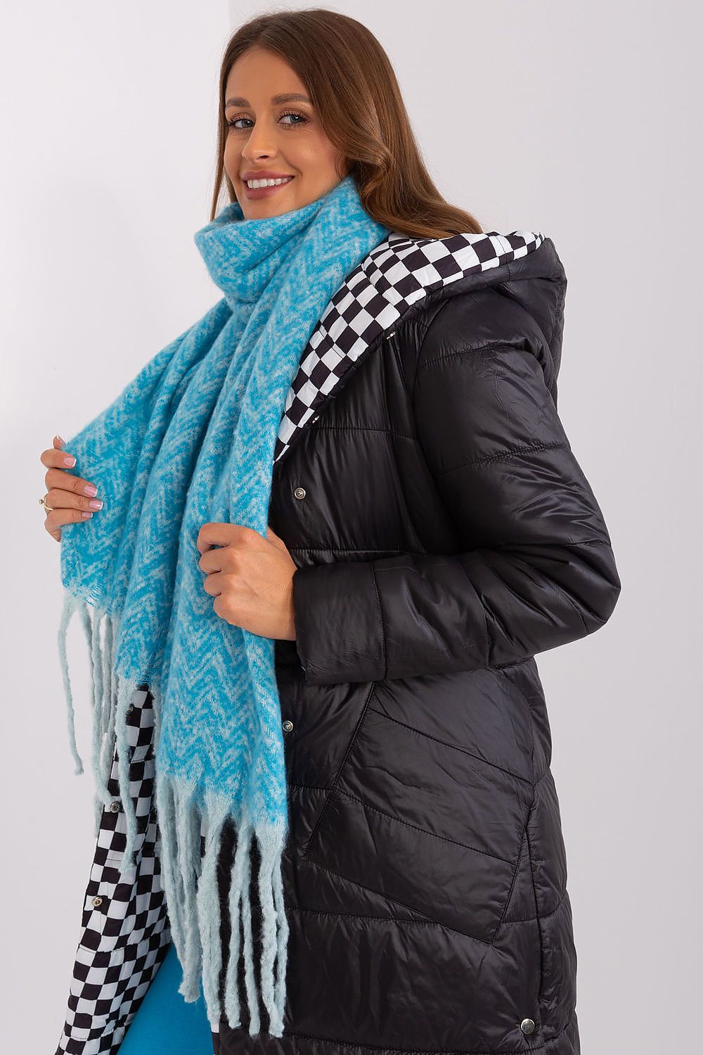 Sophisticated long scarf featuring a modern geometric design in durable polyester with tassels, created by AT. A statement accessory for winter fashion.