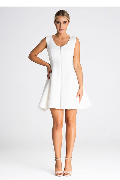 Elegant sleeveless cocktail dress by Figl featuring a round neckline and decorative front zipper, designed to flatter the hip and thigh area.
