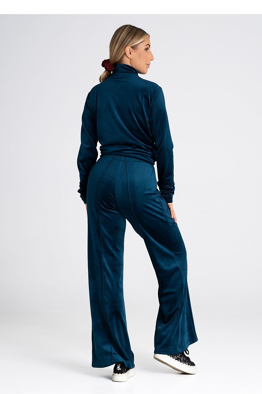 Luxury women's velour bell-bottom trousers with high rise by Figl, showcasing a flattering slimming fit and premium velour fabric.