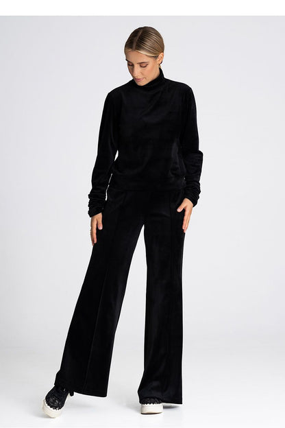 Luxurious women's velour bell-bottom trousers with high rise, designed for a slimming fit by Figl.