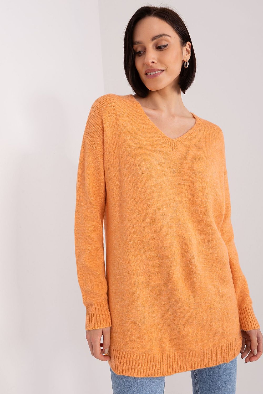 Elegant long sleeve acrylic sweater featuring a stylish heart neckline from Rue Paris, perfect for luxurious everyday wear.