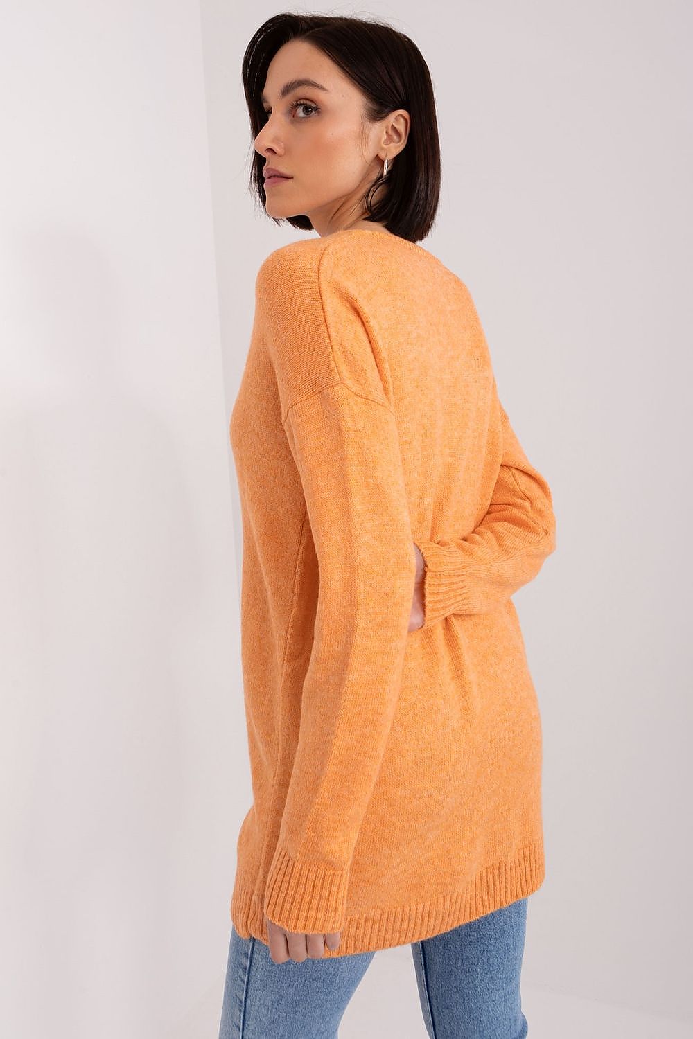 Elegant long sleeve acrylic sweater from Rue Paris featuring a stylish heart neckline, perfect for chic everyday wear.