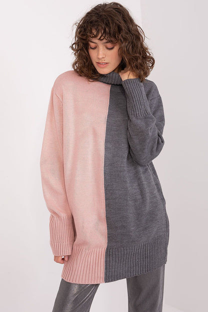 Badu two-tone acrylic turtleneck sweater for women, showcasing its mid-thigh length and luxurious softness.
