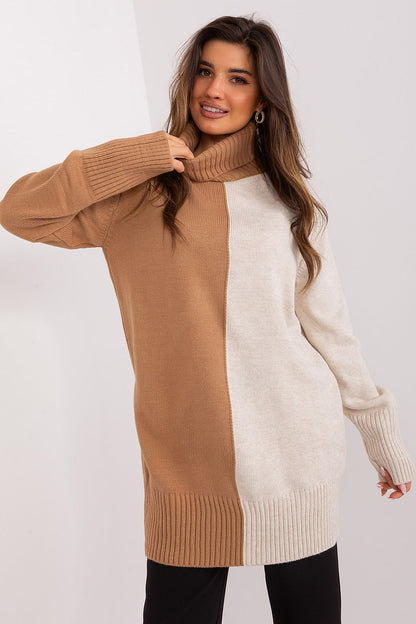 Elegant two-tone acrylic turtleneck sweater for women by Badu, showcasing its luxurious mid-thigh length and perfect fit.