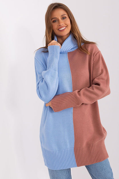 Luxurious two-tone acrylic turtleneck sweater for women by Badu, featuring a cozy mid-thigh length and stylish design suitable for casual outings.