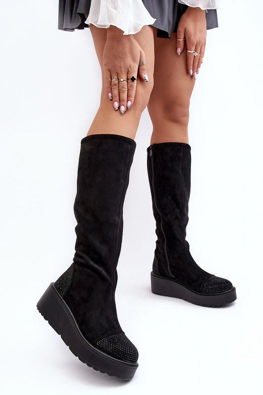 Elegant women's buskin boots in eco-suede with rhinestones, designed by Step in Style, featuring insulated comfort and a chic rounded toe.