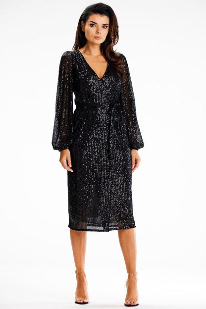 Luxury Awama sequin envelope dress featuring tie sides and elasticated sleeves, exuding elegance and style.