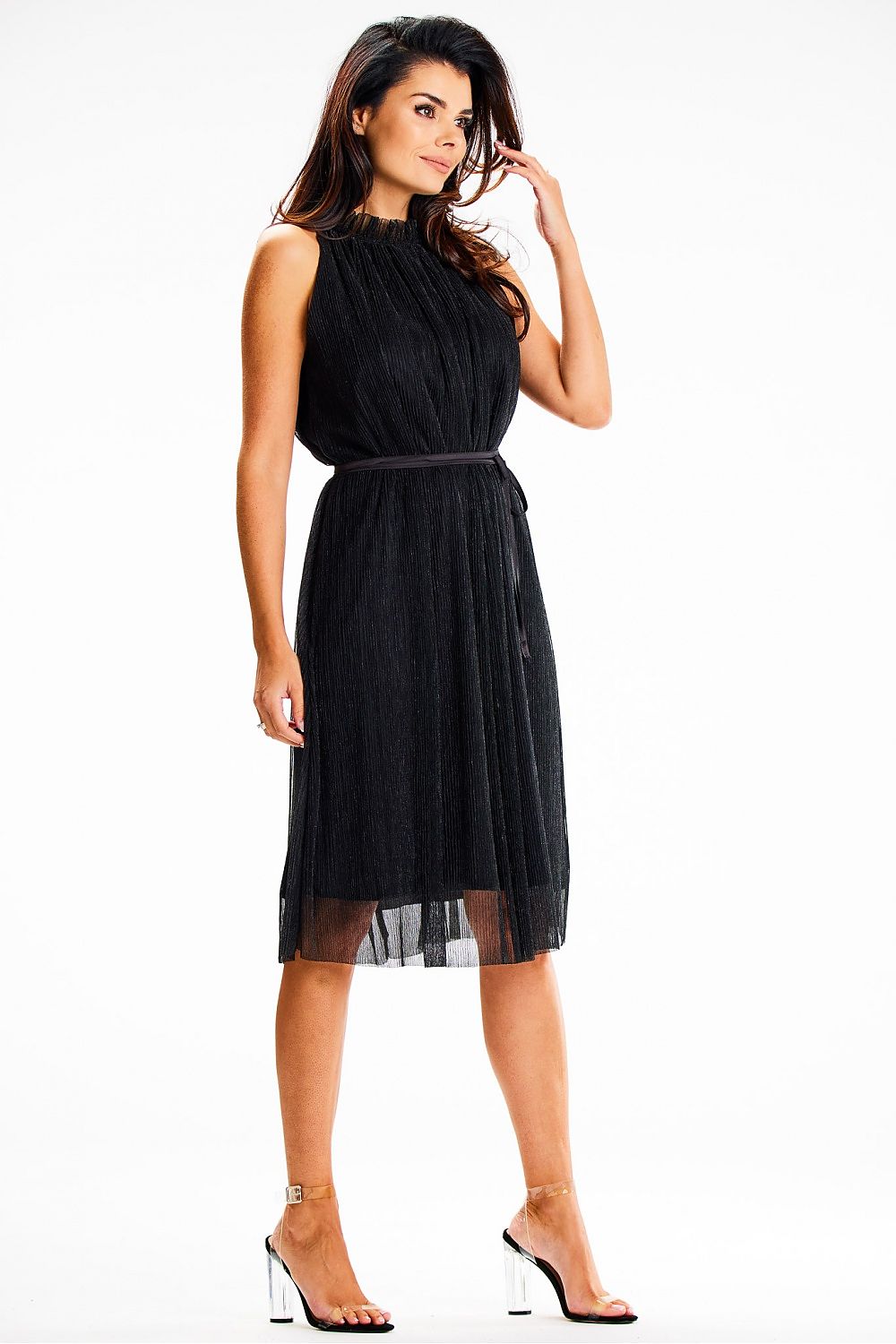 Stylish Awama halter neck midi dress showcased with satin lining, ideal for sophisticated wear.