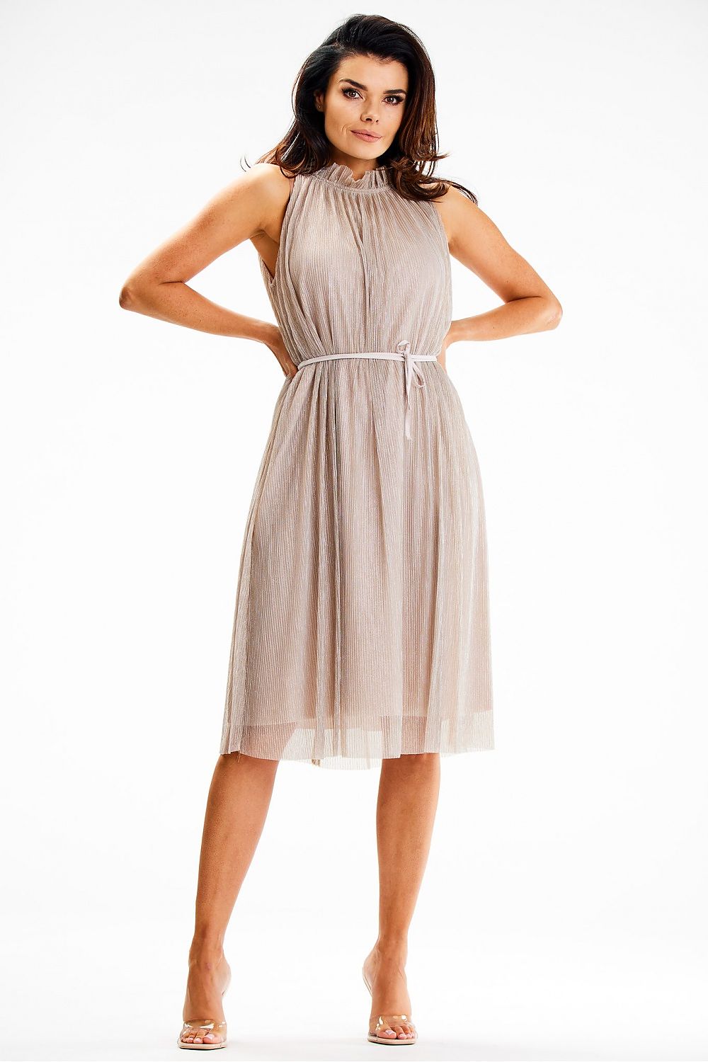 Flattering fit of Awama's midi dress on a model, highlighting its elegant silhouette and design details.