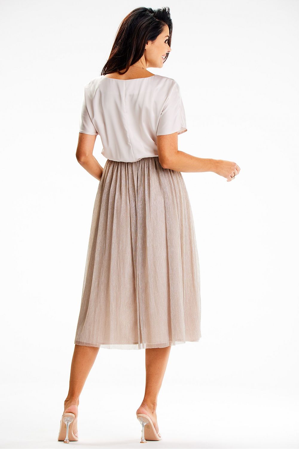 Elegant Midi Evening Dress by Awama featuring a luxurious satin top with a kimono cut and an exquisite shiny mesh skirt, perfect for sophisticated evening events.