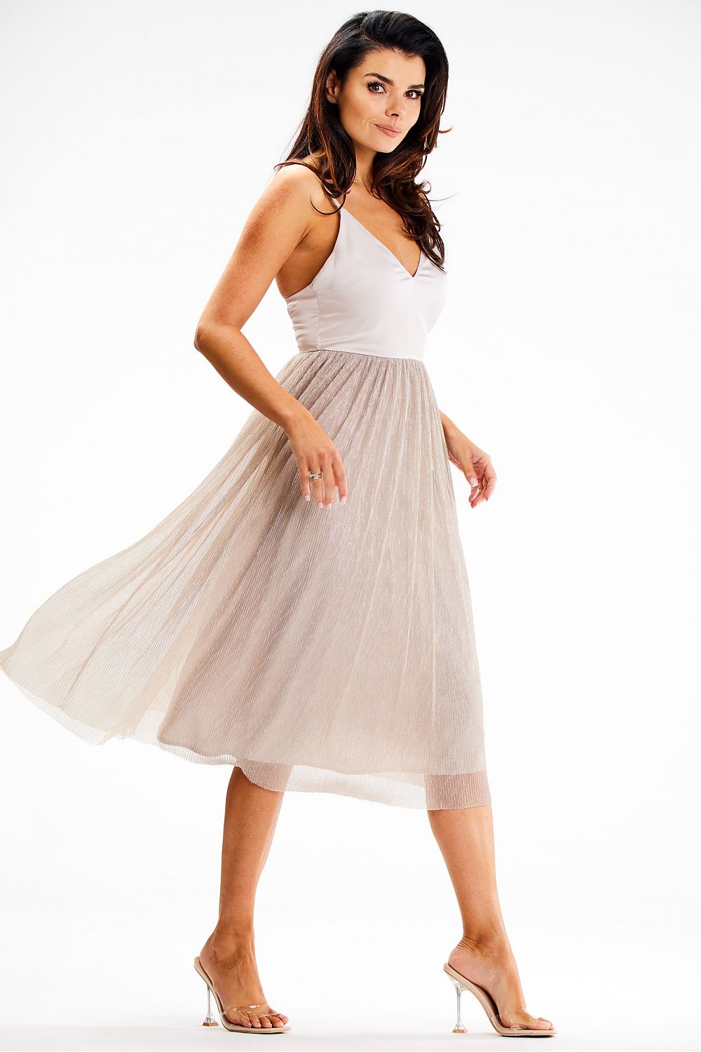 Awama satin strapless evening midi dress showcasing a fitted silhouette with a flared mesh skirt, epitomizing elegance and sophistication for special occasions.