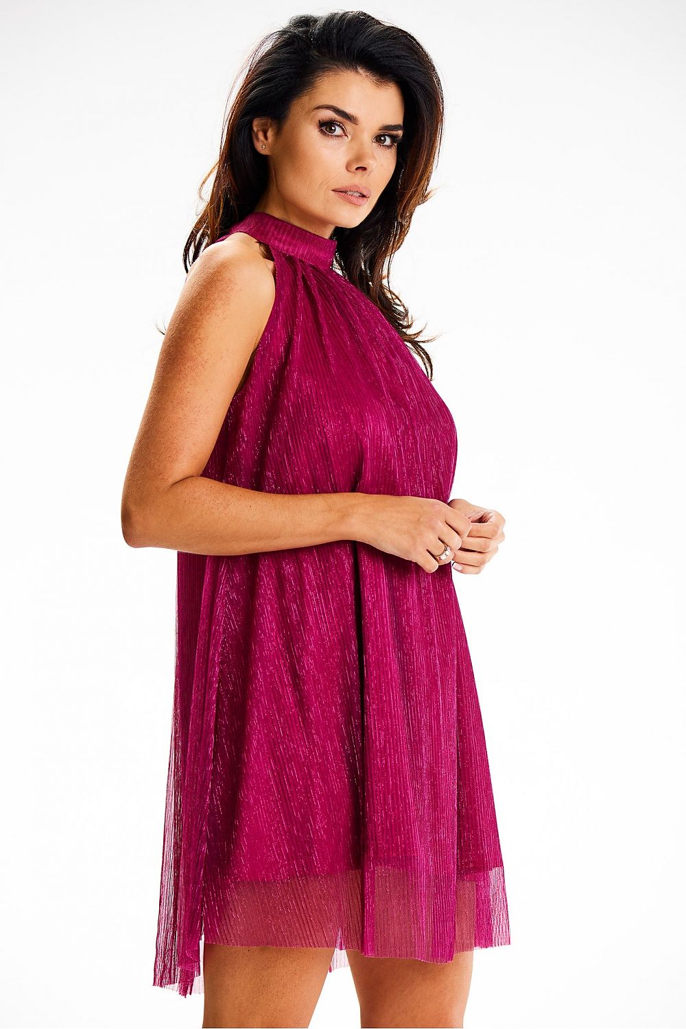 Sophisticated luxury evening dress by Awama showcasing a short mesh design with satin lining and elegant stand-up collar.