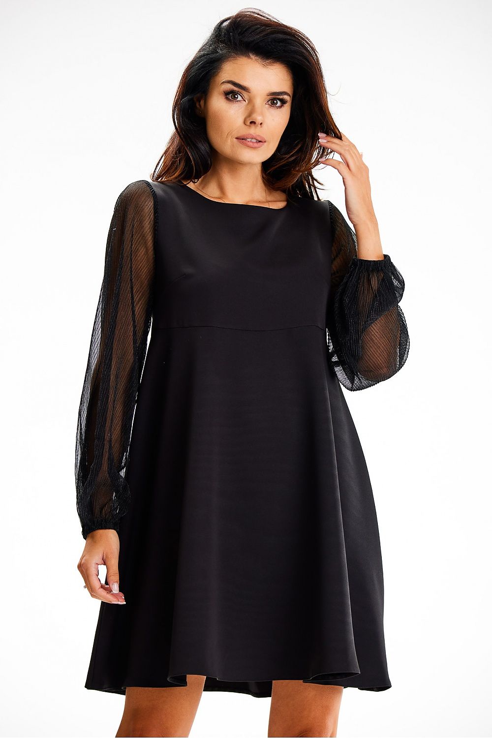 Elegant Awama evening dress featuring see-through mesh sleeves, showcasing a sophisticated silhouette and airy design, perfect for special occasions.