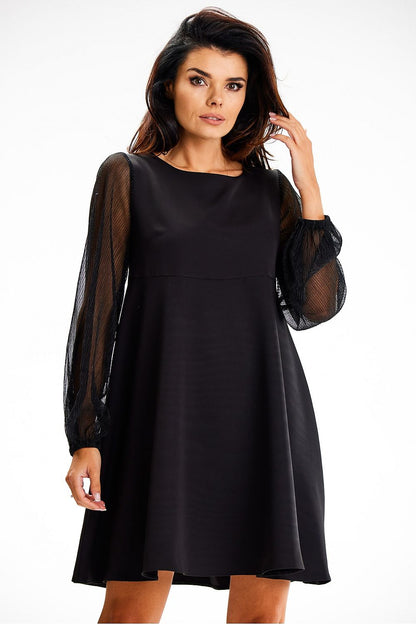 Elegant Awama evening dress featuring see-through mesh sleeves, showcasing a sophisticated silhouette and airy design, perfect for special occasions.