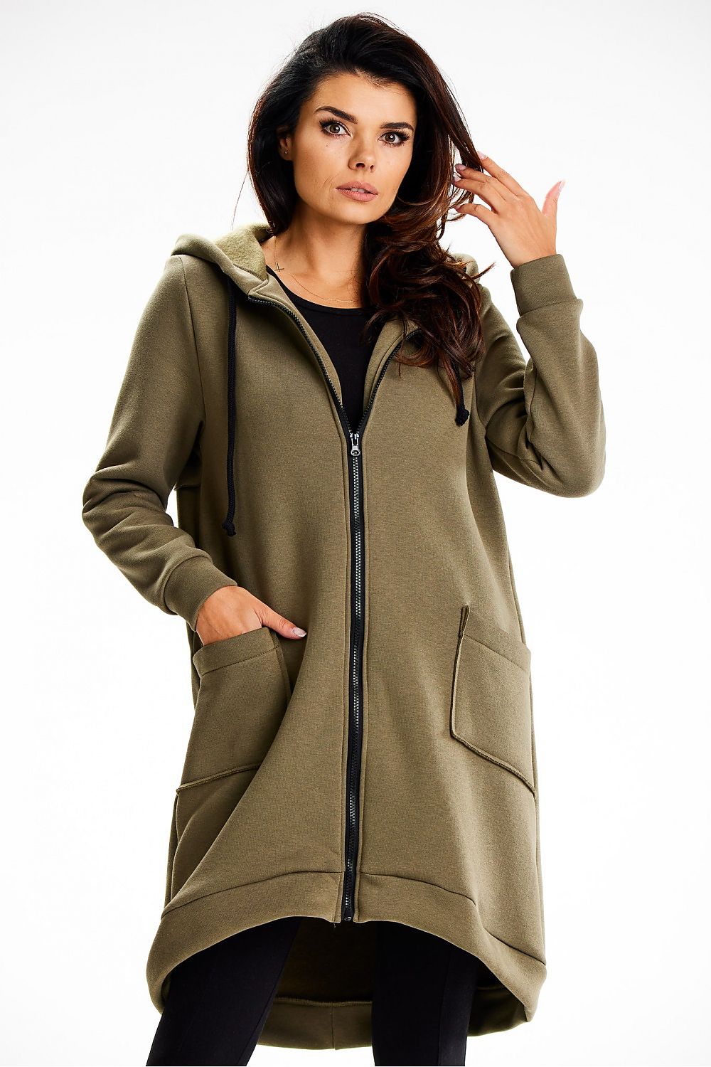 Luxury cotton-blend long hooded sweatshirt with zipper and pockets from Infinite You, showcasing a stylish design and knee-length comfort.