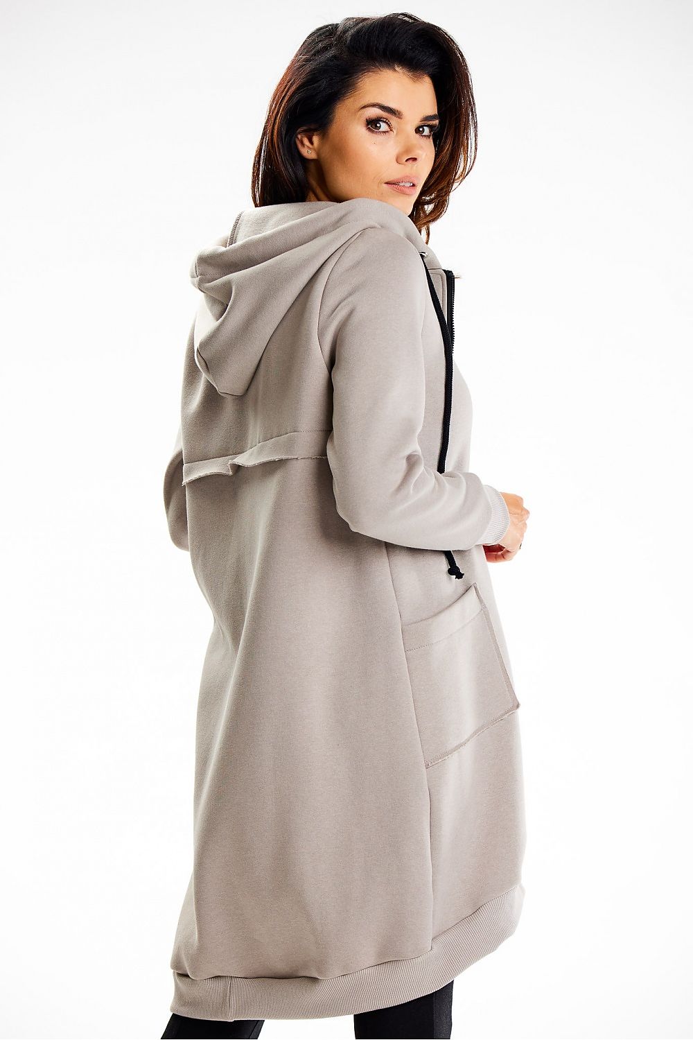 Front view of the Infinite You stylish long hooded sweatshirt, showcasing its sophisticated design perfect for elegant yet casual wear.