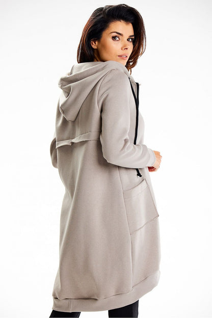 Front view of the Infinite You stylish long hooded sweatshirt, showcasing its sophisticated design perfect for elegant yet casual wear.