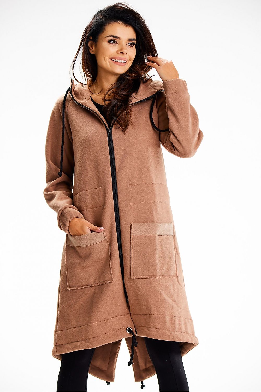 Infinite You luxury long hoodie in soft cotton blend, showcasing spacious pockets and perfect fit for stylish comfort.