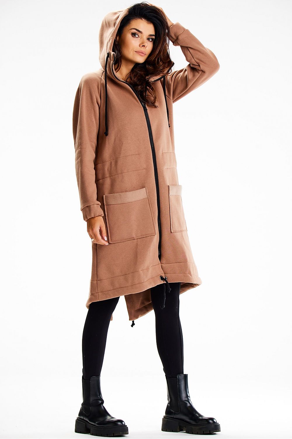 Interior view of Infinite You luxury long hoodie, highlighting the quality of the cotton-spandex fabric and practical design.