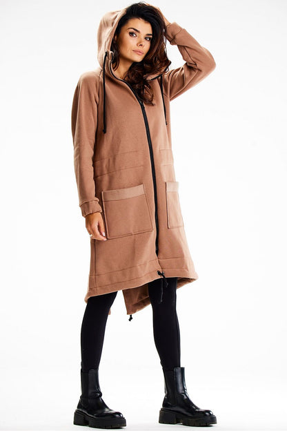 Interior view of Infinite You luxury long hoodie, highlighting the quality of the cotton-spandex fabric and practical design.