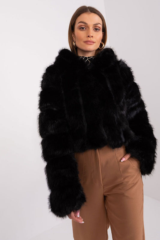 Elegant women's transitional jacket by AT featuring a unique fur design, lightweight polyester fabric, and stylish hood, perfect for autumn and winter occasions.