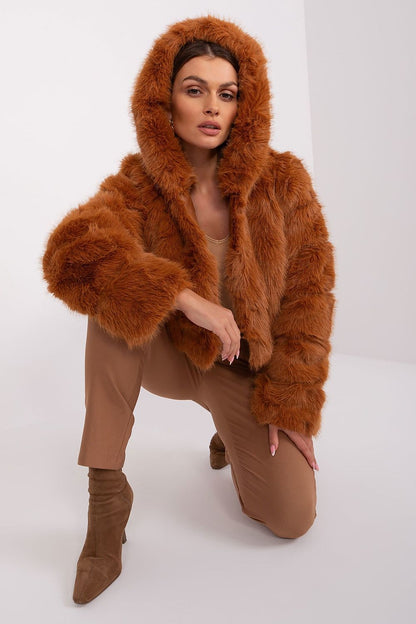 Elegant women's lightweight polyester transitional jacket by AT, featuring a luxurious fur design and hood for stylish fall and winter wear.