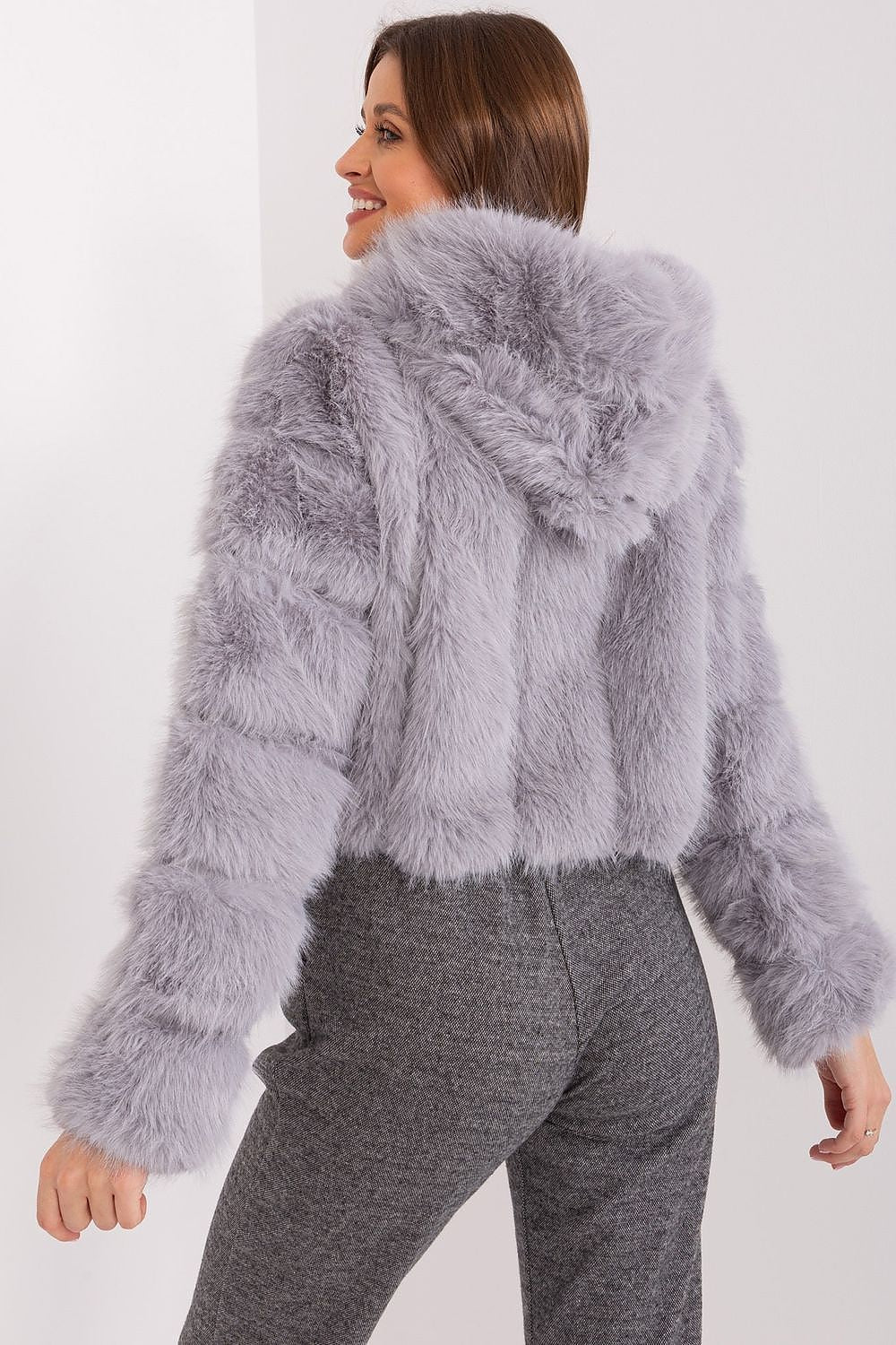 Elegant women's transitional jacket with fur design by AT, lightweight polyester, perfect for fall and winter wear.