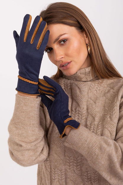Elegant women's touchscreen gloves by AT featuring braided wrist straps and embroidered flower detail in smooth polyester.