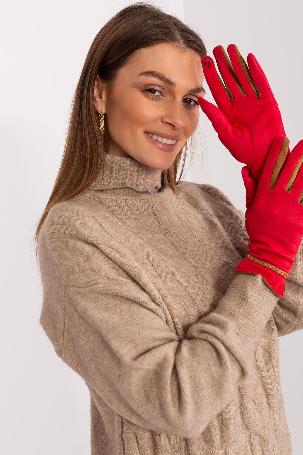 Chic women's touchscreen gloves from AT, crafted with braided wrist straps and embroidered design for a luxurious look.