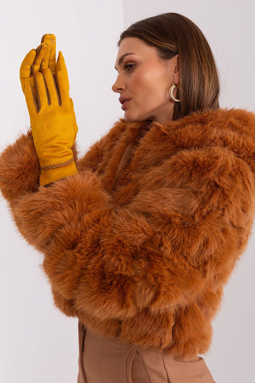Stylish women's touchscreen gloves by AT featuring elegant design, intricate braided wrist details, and unique flower embroidery for tech-savvy usage.